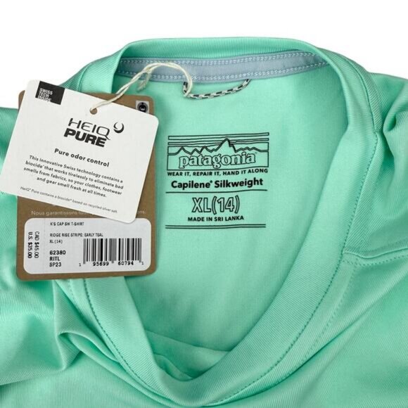NWT PATAGONIA Kids' Capilene Silkweight T-Shirt Size XL Rise Stripe Early Teal - Picture 3 of 5